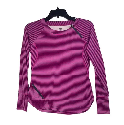 Title Nine Activewear Top Bright Pink with Black Stripes Asymmetrical Zippers XS