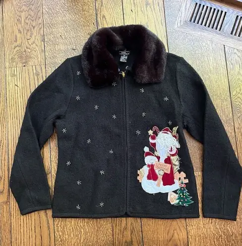 Lisa International Women’s M Black Boiled Wool Zip Jacket w/ Santa Ugly Sweater Size M