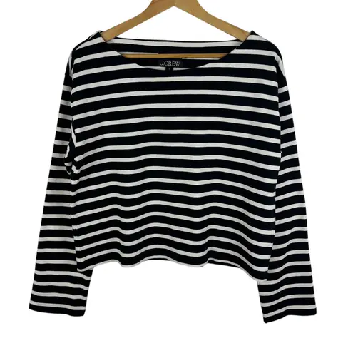 J Crew Striped Cropped Fit Shirt Small Boxy Long Sleeve Preppy Nautical Coastal Black