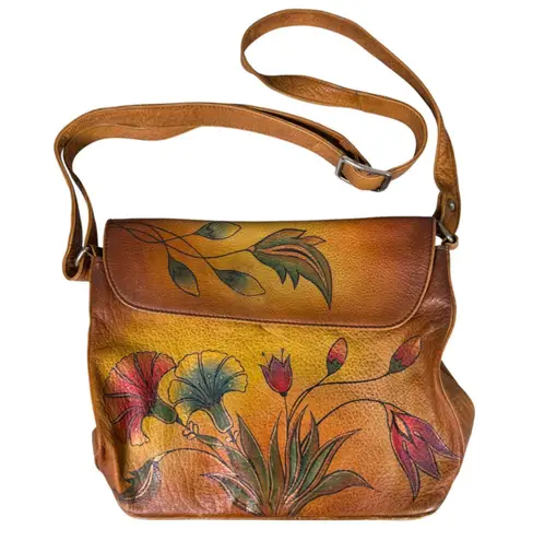 Anna by Anuschka Floral Flower Brown Leather Handpainted Crossbody Purse Bag