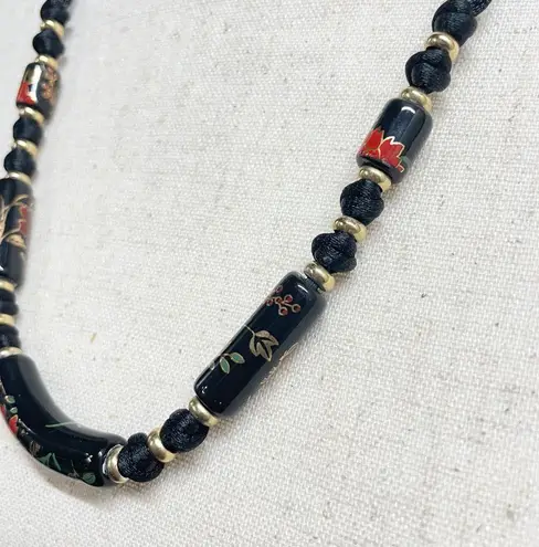 Vintage Black Floral Ceramic Bead Cord Necklace Witchy Goth Romantic