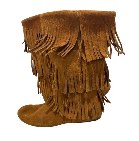 Minnetonka  Calf Hi 3-layer Suede Cognac Fringe Moccasin Boot Boho Hippie Women 9