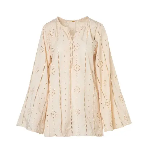 JUAN DE DIOS Lisa Cotton Eyelet Maxi Shirt in Beige Cream sz S