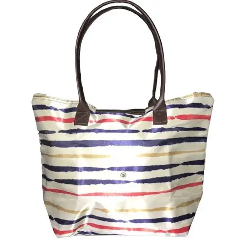 BLUE RED YELLOW CREAM STRIPED FOLDING HANDBAG / TOTE 11X15X5