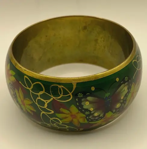 Vintage Floral Butterfly Wide Bangle Bracelet Green Enamel Boho Fairycore
