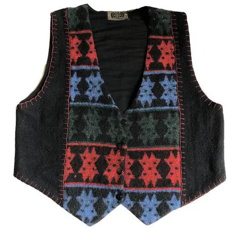 Western Blanket Vest Wool Blend Retro Vtg Southwestern Medium Aztec Buttons Black