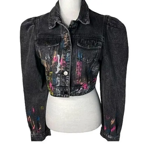 SheIn  Splatter Paint Puff Sleeve Cropped Denim Jacket (Washed Black) - 6