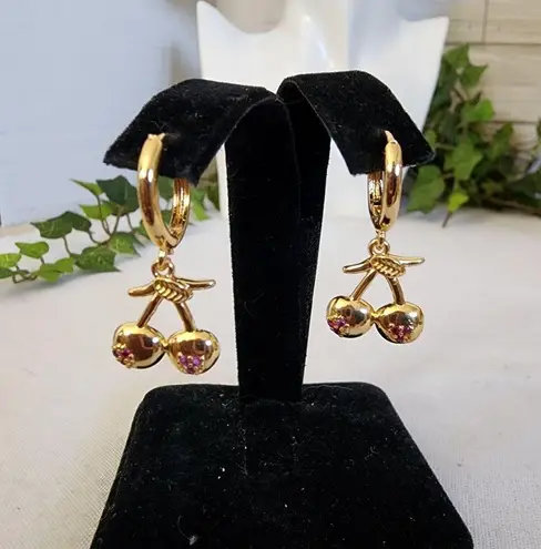 Gold Cherry Dangle Huggie Hoop Earrings