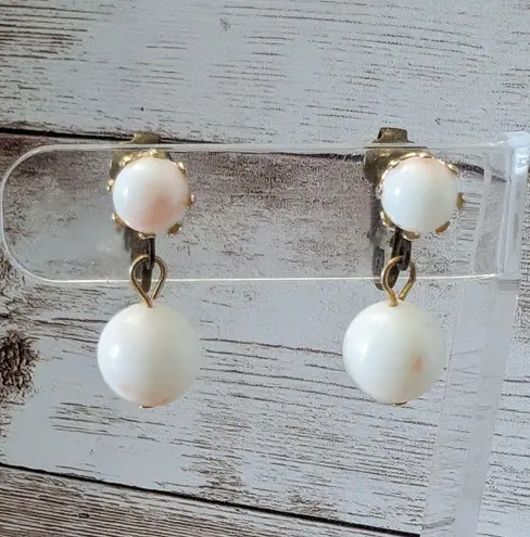 Vintage Clip On Earrings Ball Duo Dangle Off White with Pink Hues