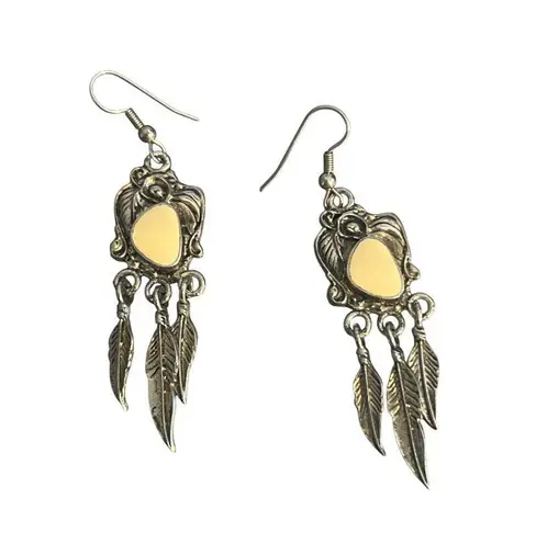 Vintage Silver Tone Dangle Earrings Cream Enamel Feather Dangles Estate 3" Yellow