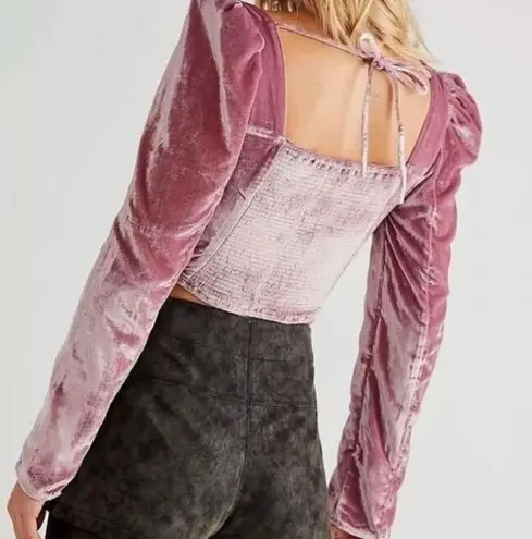 Free People  Bridgette Pink Velvet Corset Puff Sleeve Crop Top Size Small