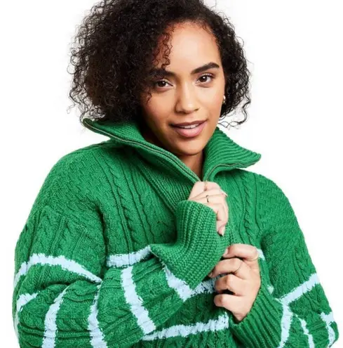 La Ligne Sweater x Target XL Quarter Zip Striped Cable Knit Green Light Blue NWT