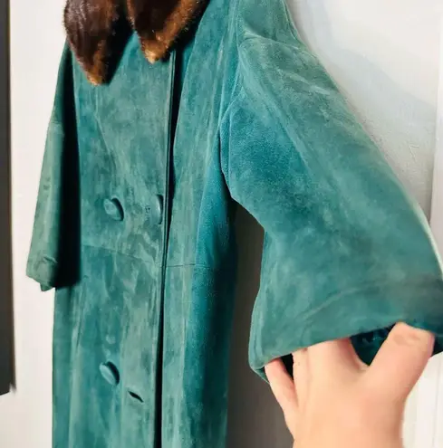 Vintage Andy Anderson Suede Green Rabbit Fur Collar Button Trench Coat Size M Size M