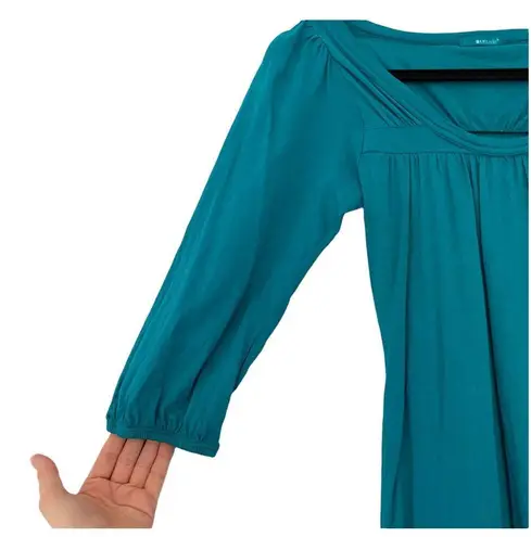 LA Made  Teal Green Blue Cotton V-Neck 3/4 Sleeve Pleated Peasant Tunic Size Small