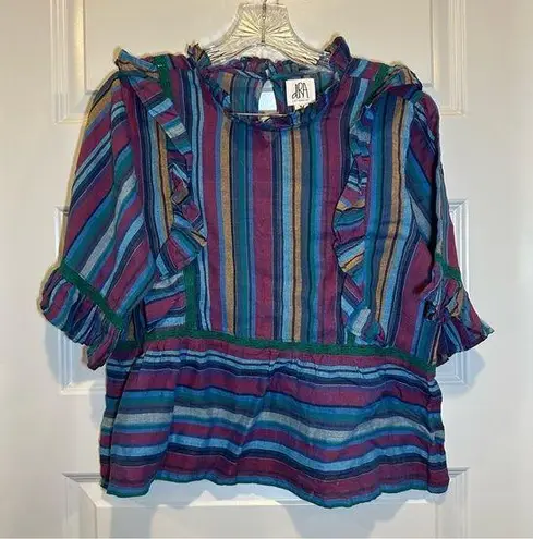 dRA Blue/Purple Striped Short Sleeve Ruffle Accent Blouse size M Size M