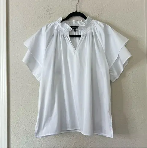 Ming Wang Ruffle Neck Short Sleeve Blouse in White Size Medium