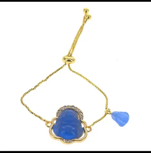 Plated Gold Blue Laughing Buddha Adjustable Bracelet