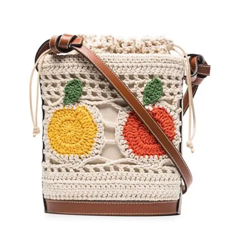 STAUD $395  Anita Leather Trimed Fruit Crochet Bucket Bag NEW