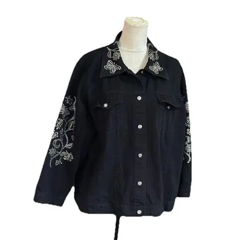 Quacker Factory rhinestone butterfly bomber jean jacket black Sz 1X soft sparkly