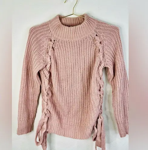 Sweet Rain Women’s Chunky Knit Sweater Side Lace-Up Details Blush Pink Medium
