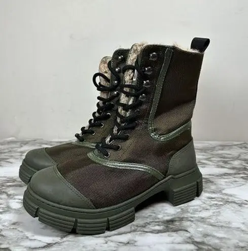Ganni Shearling Hiking Ankle Combat Boots Size 36 New $375 Green Tubular Rubber