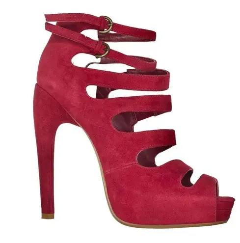 Leon Max ༄ Link Suede Gladiator Stiletto Platforms Heels ༄ Fire Engine Red ༄ 7.5