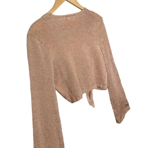 Dee Elly Metallic Shimmer Cropped Front Tie Bell Long Crochet Sleeve Rose Gold M