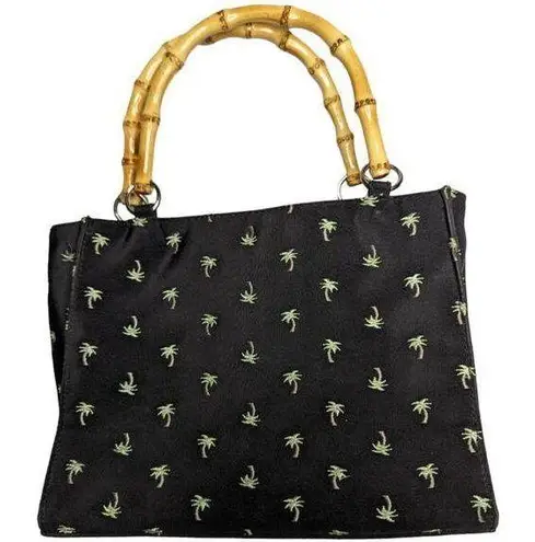 Vtg Y2K Sunny Hawaii Black Satin Palm Tree Embroidered Faux Bamboo Handle Bag