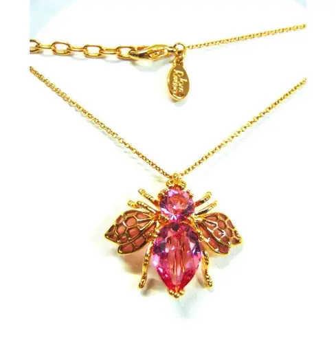 Joan Rivers Hope BEE PIN Pendant NECKLACE Gold Wings Pink Crystal Breast Cancer