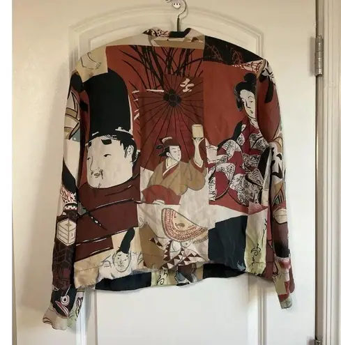 CITRON SANTA MONICA Asian Print Women's Top Snap Shirt Large Silk Linen 90’s Art Red