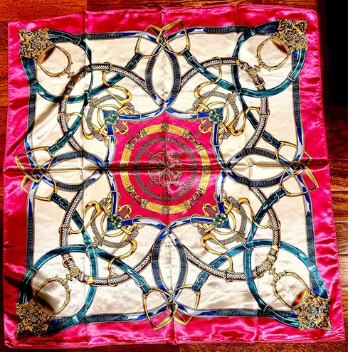 Vintage Equestrian Fuchsia Pink Royal Crown print oversized silky Scarf 35/35