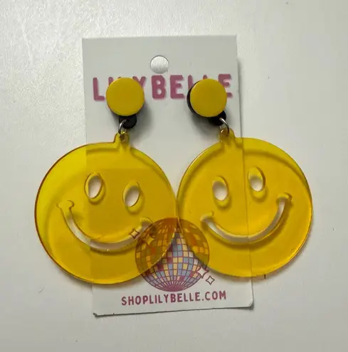 Lily Belle Earrings Smily Faces Hanging Pierced Acrylic Bold Fun Yellow Large
