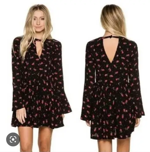 Free People Tegan mini dress black and red floral long sleeve with front and back cut out 