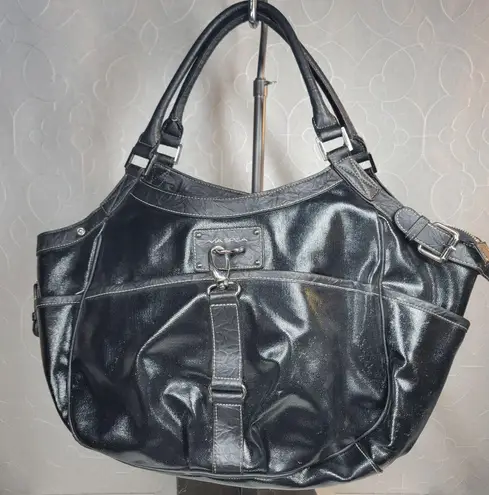 Via Spiga Womens Shoulder Bag Large Black Patent Leather Pockets Lined Hobo