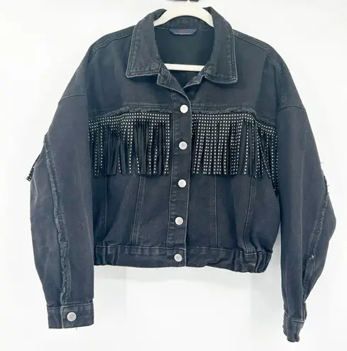 Excuse Womens Western Cowgirl Fringe Rhinestone Denim Jacket Size L Black Black Size L