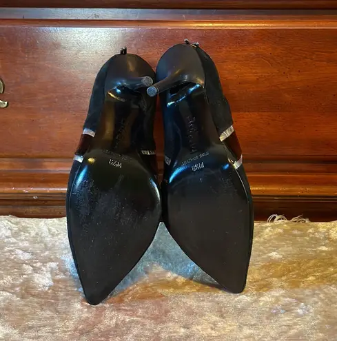 L.A.M.B. Gwen Stefani Wilson Black Mixed Leather Silver Trim Cut Out 3-Strap Pointy Toe Zip Heels $295 EUC 8.5