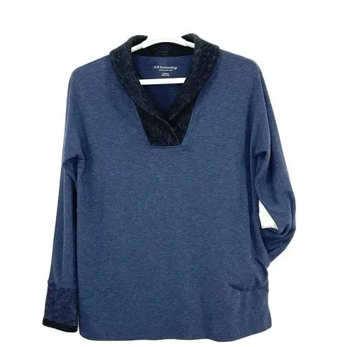 Soft Surroundings Pullover Tunic Top Blue Shawl Collar Knit Cuffs Size Petite XS