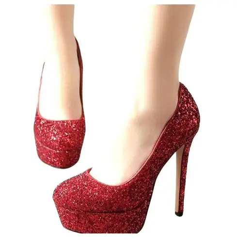 Schutz Stilletos Red Glitter Platform High Heels Lux Glam Party Shoes Size 5B