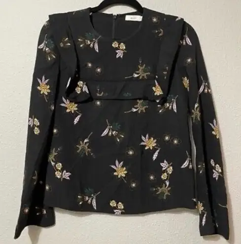 A.L.C. Annaleigh Black Silk Ruffle Floral Yoke Top Blouse