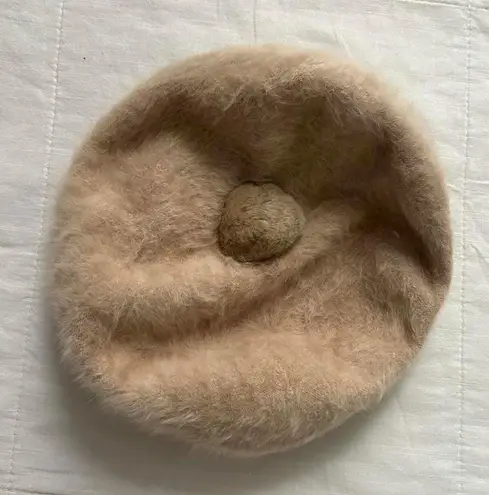 Vintage tan wool beret Cute pom Pom Pink