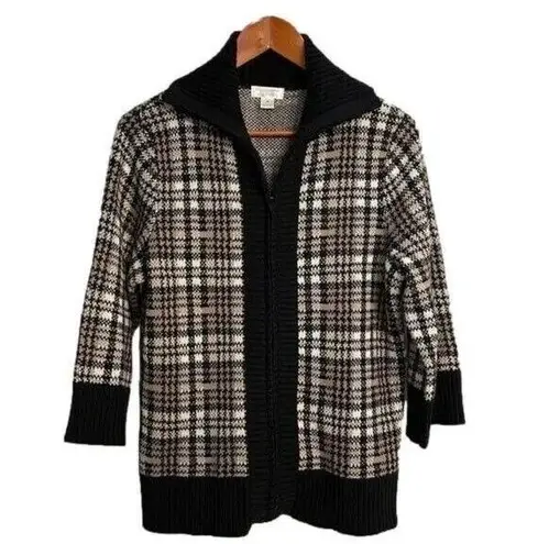Christopher & Banks Plaid Cardigan Sweater Knit Zip Up Shawl Collar M