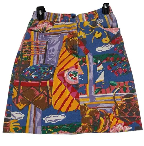 Vintage RARE 90s KEN DONE Full Print Jean Skirt Small Abstract Art Size 8