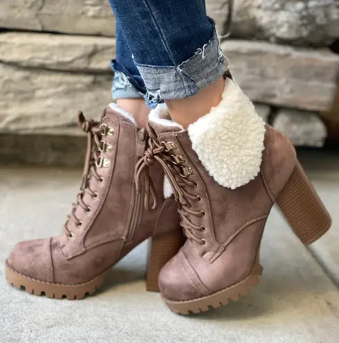 Top Moda Tan Fleece Lug Sole Ankle Bootie