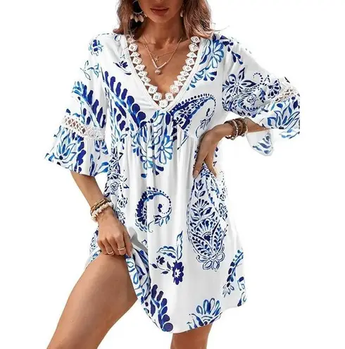 NWT ~ Women's Boho Blue & White Paisley Bohemian Swimsuit Coverup Dress ~ M Size M