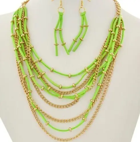 Gold Tone & Green Suede Multi Row Chain Necklace & Dangle Earring Set