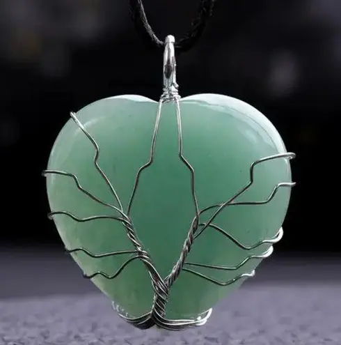 Green Aventurine Heart Shaped Natural Gemstone Tree Of Life Wire Wrap Pendant