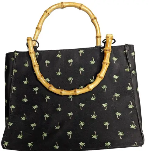 Vtg Y2K Sunny Hawaii Black Satin Palm Tree Embroidered Faux Bamboo Handle Bag