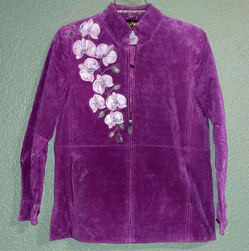 Bob Mackie Vintage Leather Jacket • embroidered purple Iris