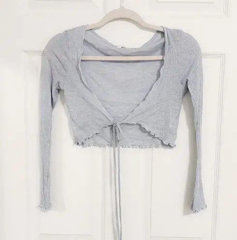 Korean Y2K Cottage Pastel Baby Blue Thin Crop Ribbon Tie Cardigan Size XS
