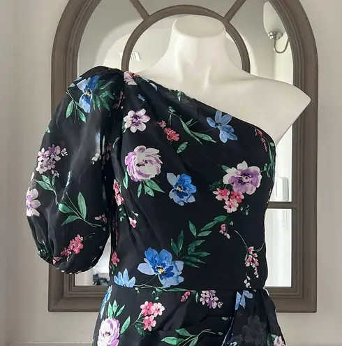 Shoshanna Midnight Gia One Shoulder Silk Floral Dress, Black Size 8 Retail $595